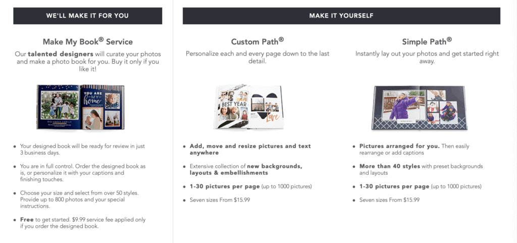 A screenshot of options of creating a photo book using Shutterfly.