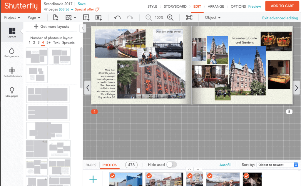 A screenshot of a photo book in progress using Shutterfly. It shows that there are several options to choose from while creating a book.