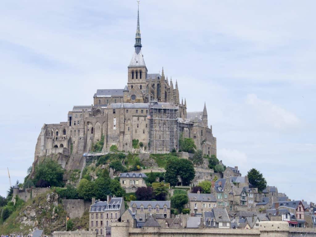 The towering Mont St. Michel sits atop a hill in northwestern France.