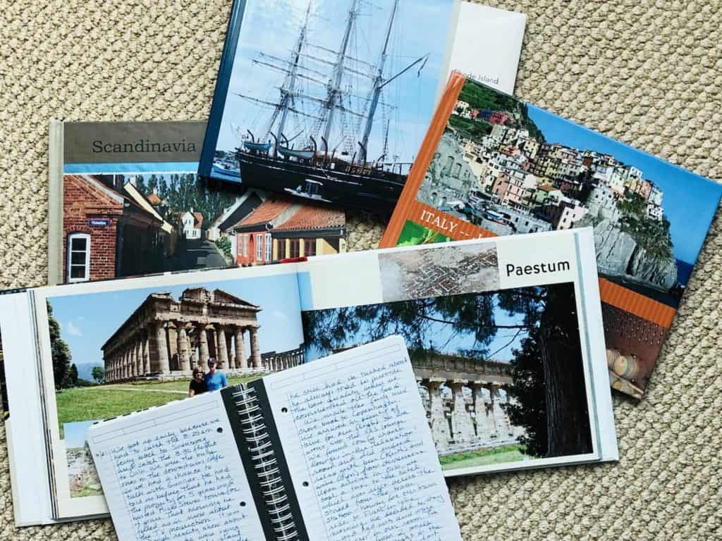 A picture of photo books from vacations