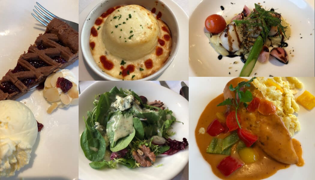 A collage picture of different meals served on a Viking river cruise longship.