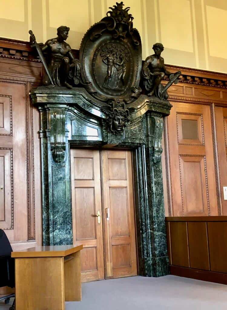 A picture of a seal above a door in Courtroom 600 in the Palace of Justice in Nuremberg, Germany
