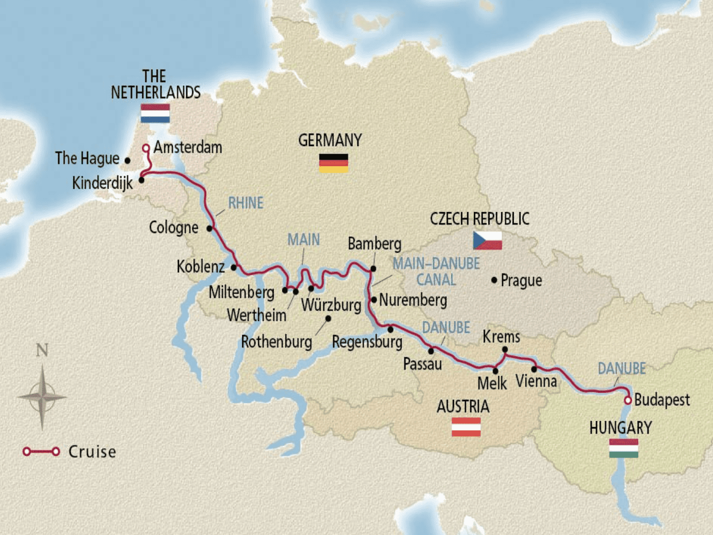 A map showing destinations on the Viking Grand European River Cruise