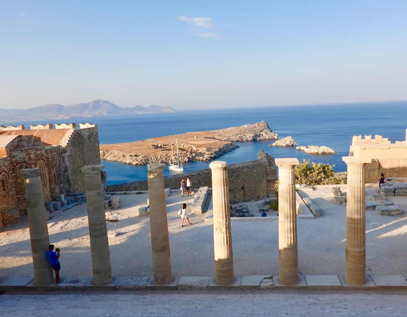 A picture looking from the Lindos Acropolis to the sea.
