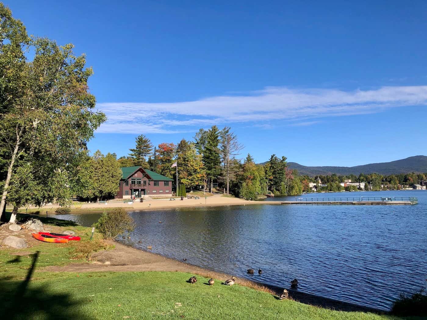 A picture of the Mirror Lake beach in Lake Placid.