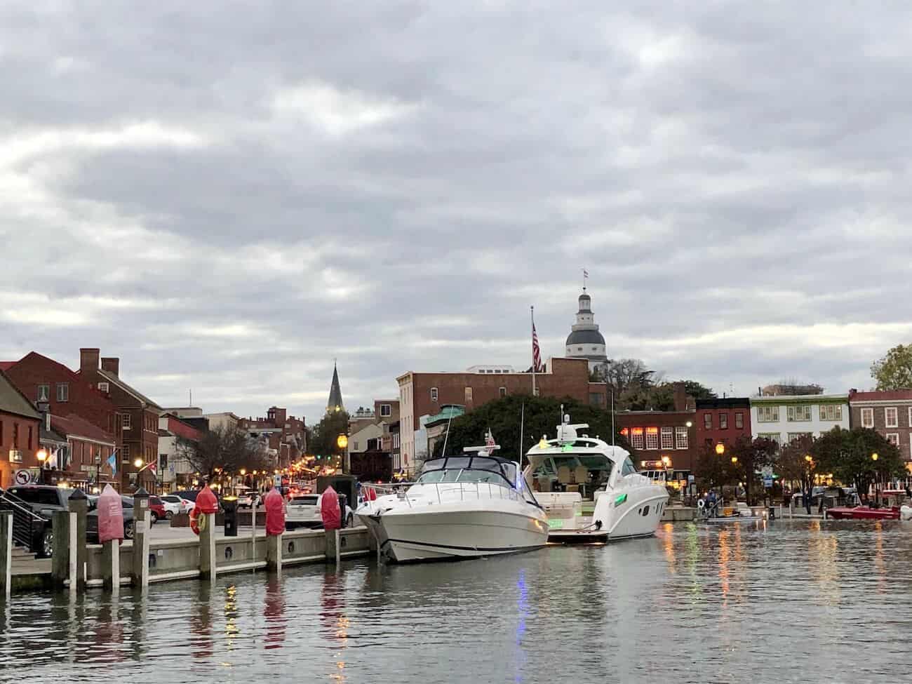 A view from the water looking at the dock and Main Street in Annapolis