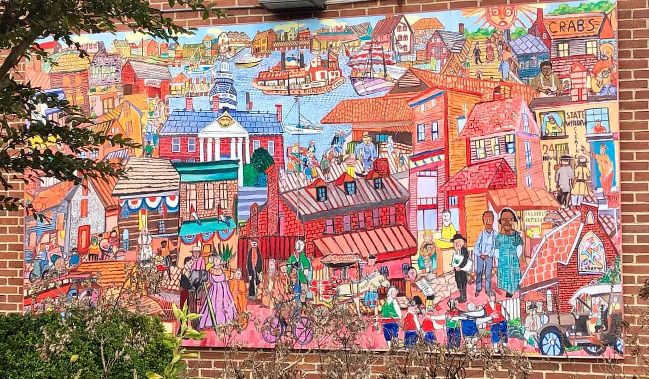 A colorful mural shows city life in Annapolis.