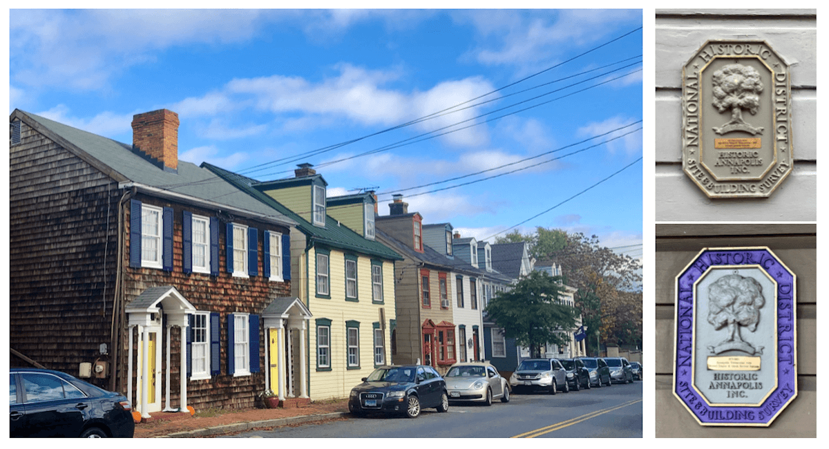 A street scene and historical markers in Annapolis.