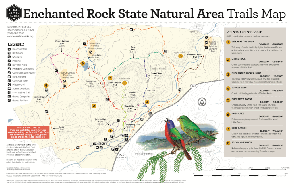 A map shows various trail at Enchanted Rock in Texas.
