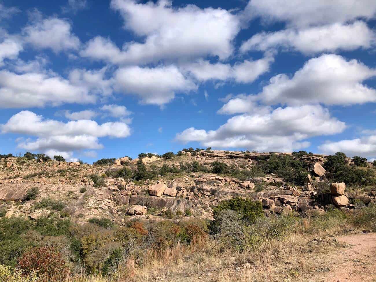 A view of large rock formations at Enchanted Rock in Texas.