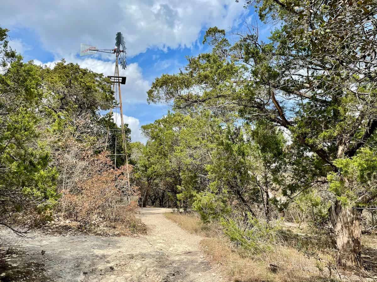 A windmill stands along a walking trail at Friedrich Wilderness Park.