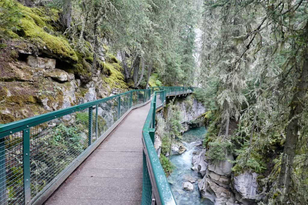 A steel catwalk is attached to a rocky canyon wall above Johnson Creek at Johnston Canyon in Banff National Park.