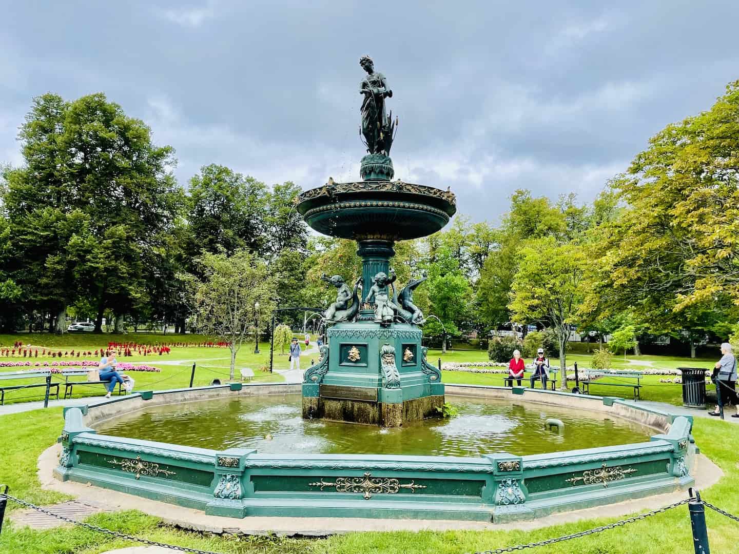 A large elaborately decorated water fountain is a focal point for visitors to the Halifax Public Gardens.