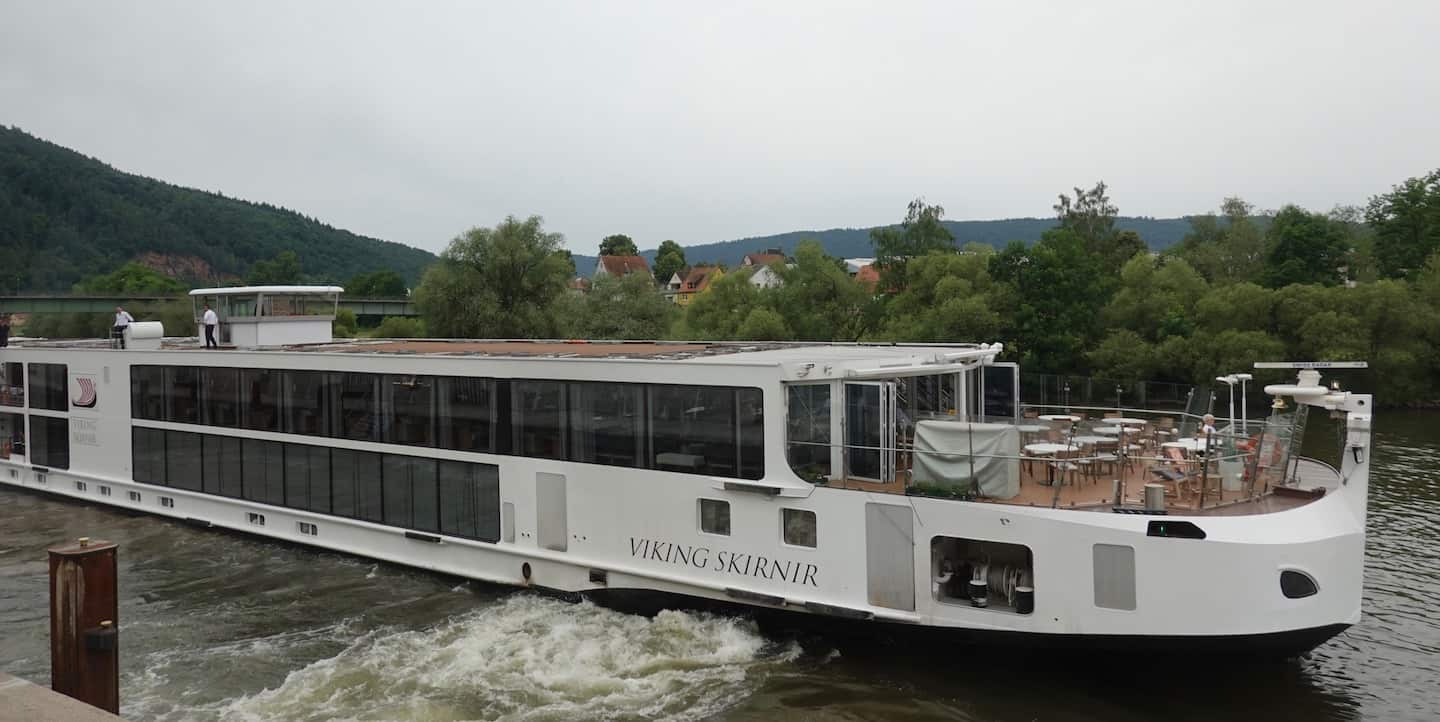 The Viking Skirnir river cruise ship makes its way along the Rhine River.