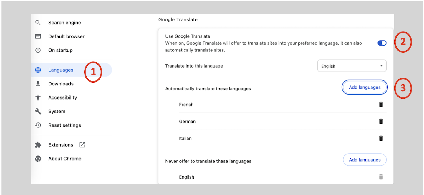 The settings for adding Google Translate to the Chrome browser are shown in a box.