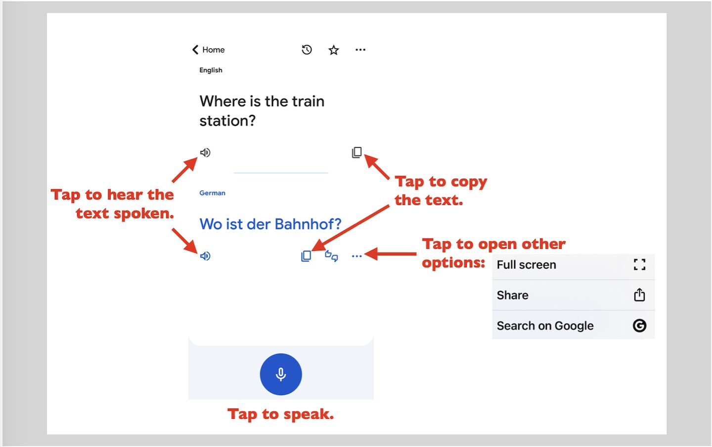 Google Translate directions with labels and arrows are shown on a smartphone screen.