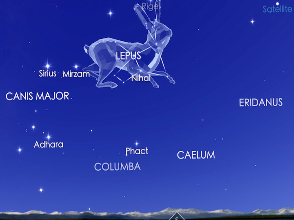 A screenshot of Star Walk 2 app that shows stars, constellations, planets, and satellites in the night sky around the world.